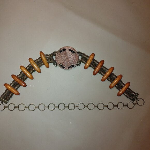 Metal Belt Vintage Boho Rustic Wood Brass Round Decorative Centerpiece Adjust - Picture 9 of 13